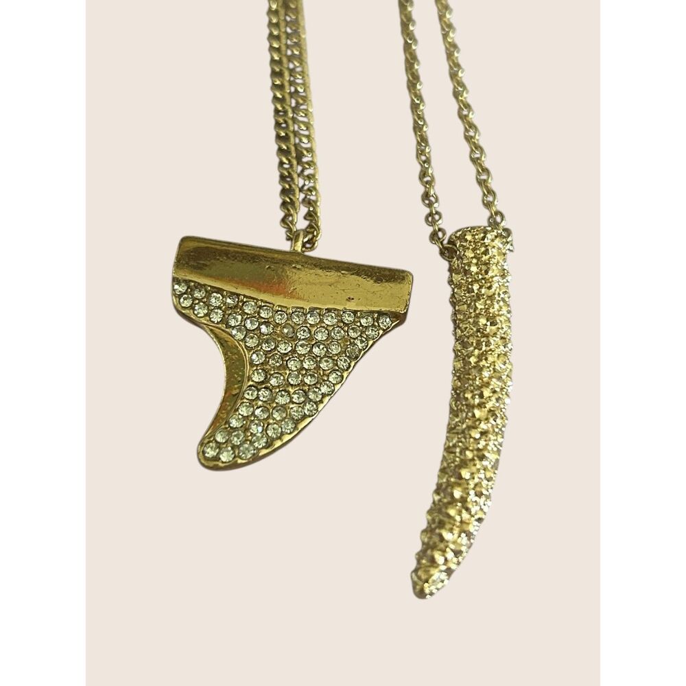 ✨ GOLD TONE RHINESTONE PAVE SHARK TOOTH HORN LAYERED NECKLACE BUNDLE LOT STACK